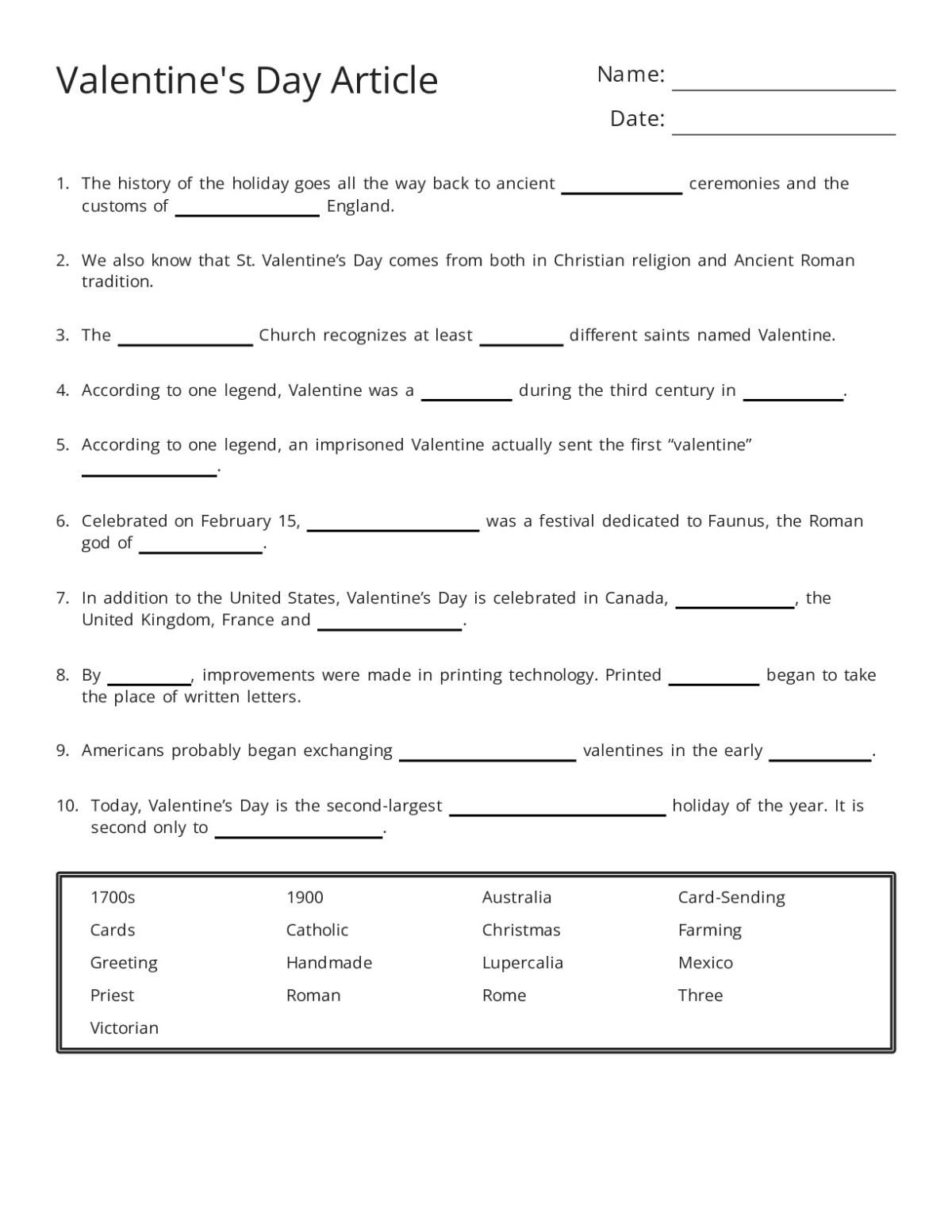 Printable Valentine's Day fill-in-the-blank worksheet for Grades 7 and 8 about the history of Valentine's Day traditions.