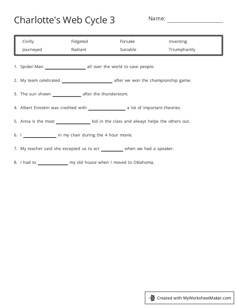 Charlotte S Web Cycle 3 My Worksheet Maker Create Your Own Worksheets