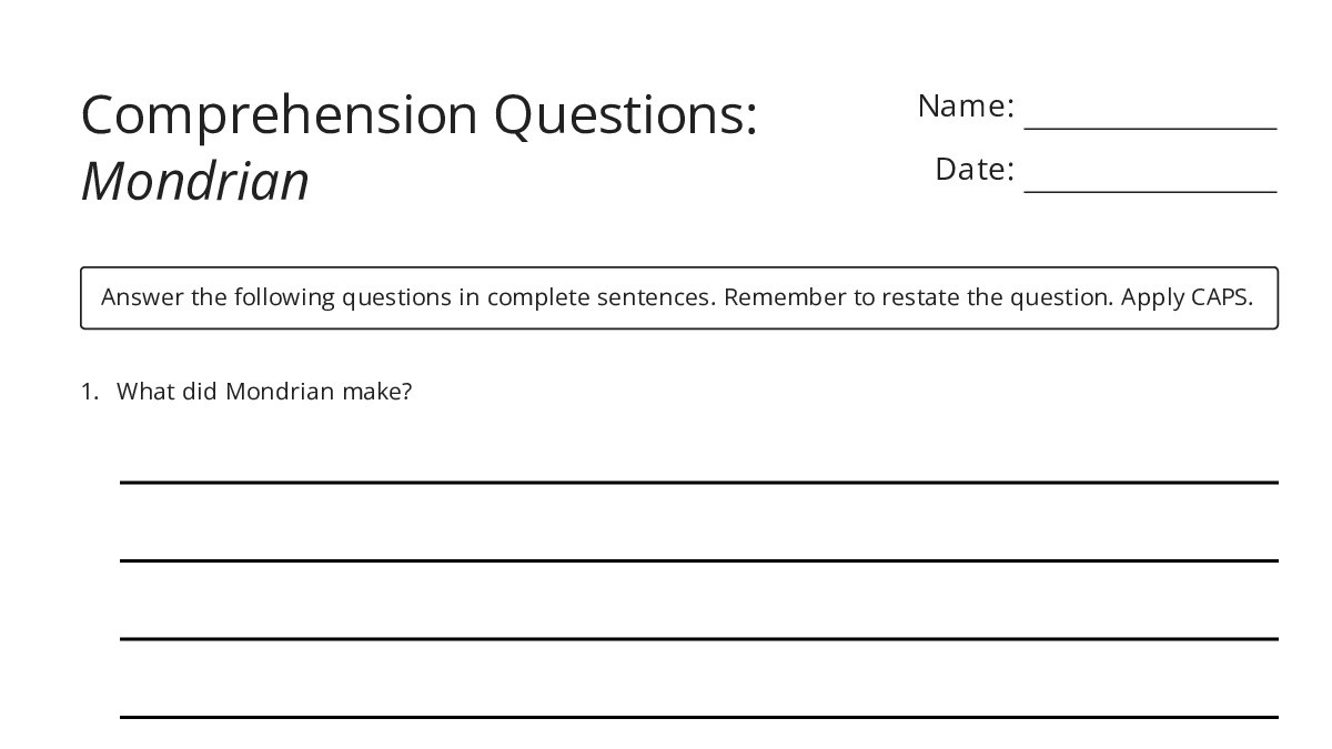 Comprehension Questions: Mondrian - My Worksheet Maker: Create Your Own ...