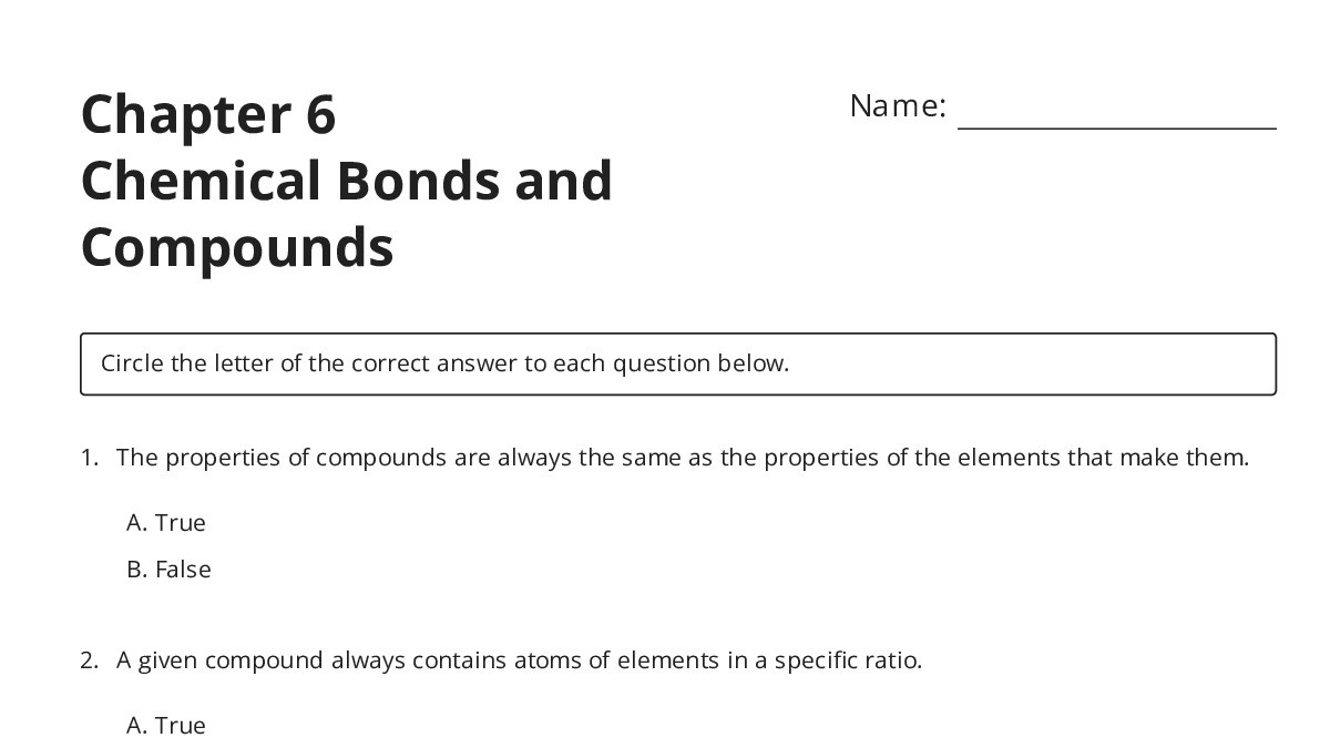 Chapter 6 Chemical Bonds and Compounds - My Worksheet Maker: Create ...
