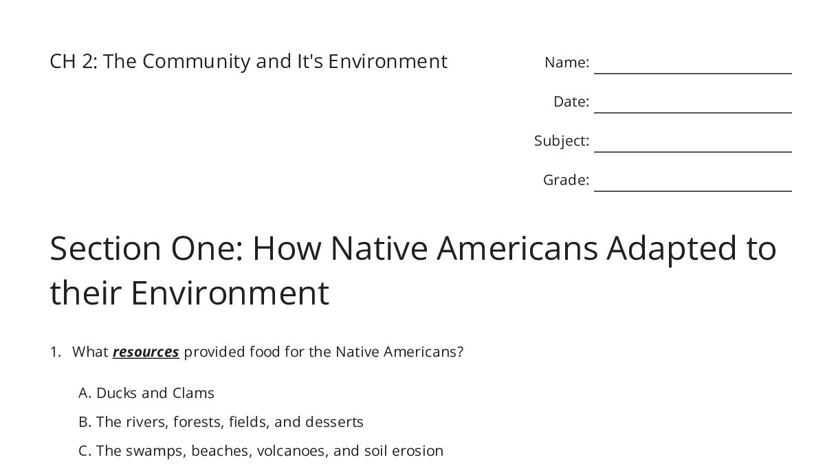 CH 2: The Community and It's Environment - My Worksheet Maker: Create ...
