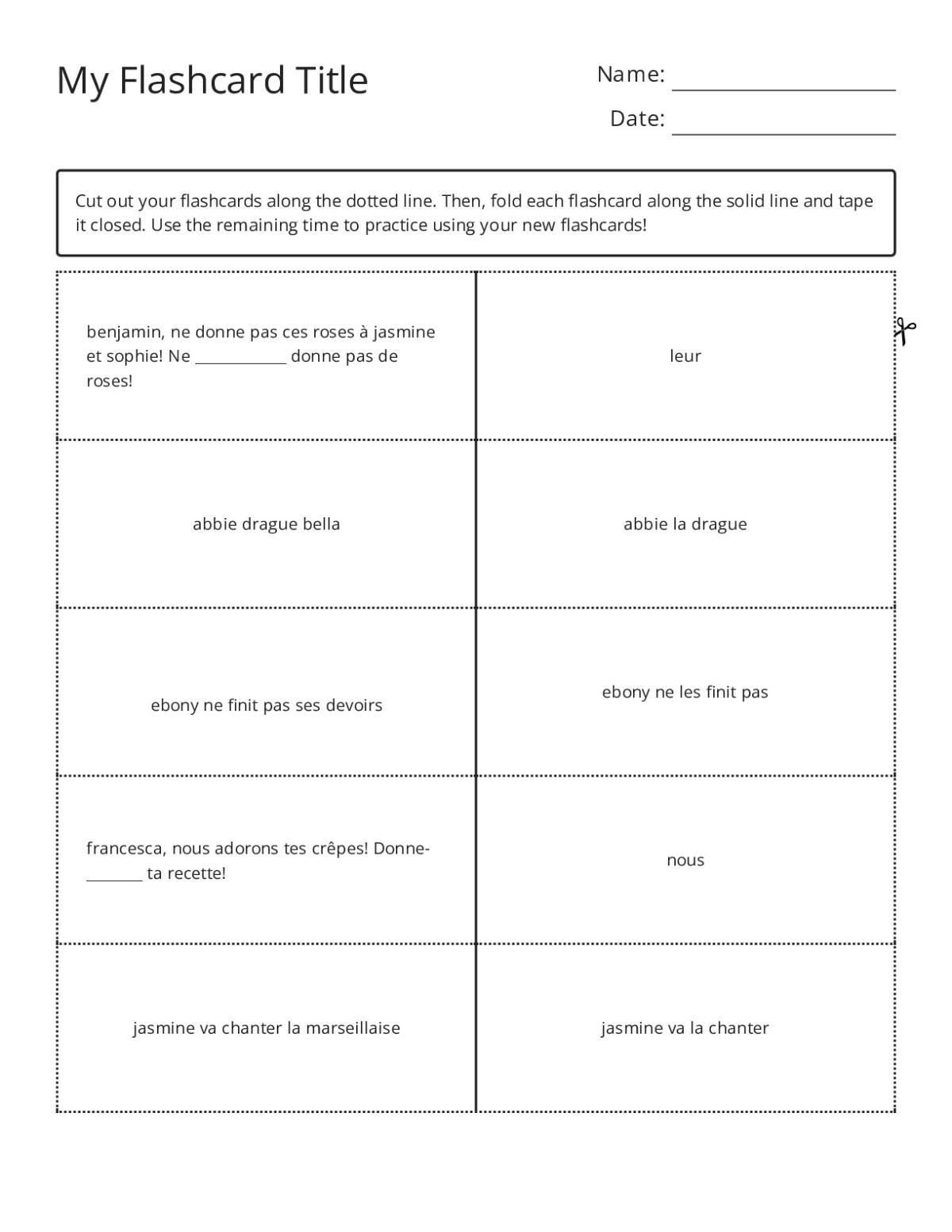 French grammar flashcards with indirect object pronouns in conversational sentences for college learners.