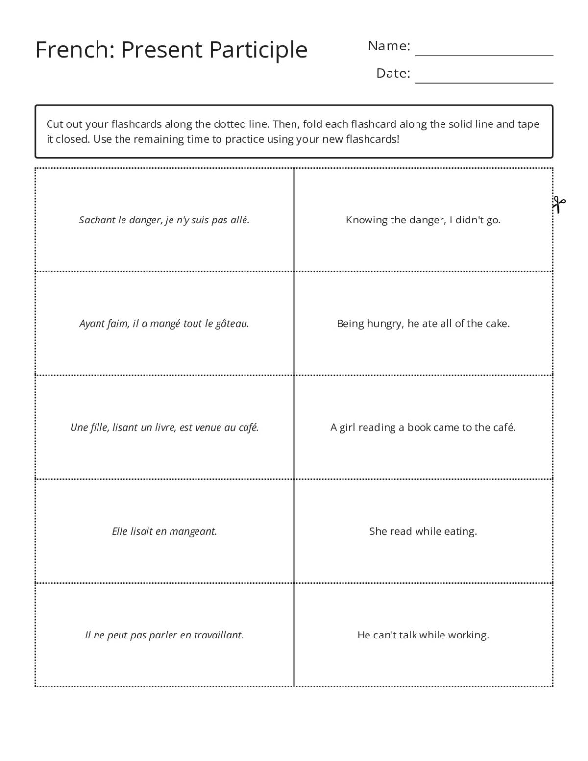 French present participle flashcards with gerunds and participial adjectives for Grades 10–11.