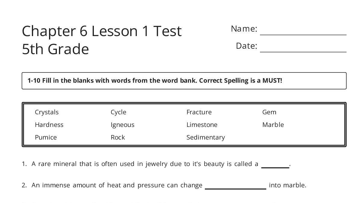 Chapter 6 Lesson 1 Test 5th Grade - My Worksheet Maker: Create Your Own ...
