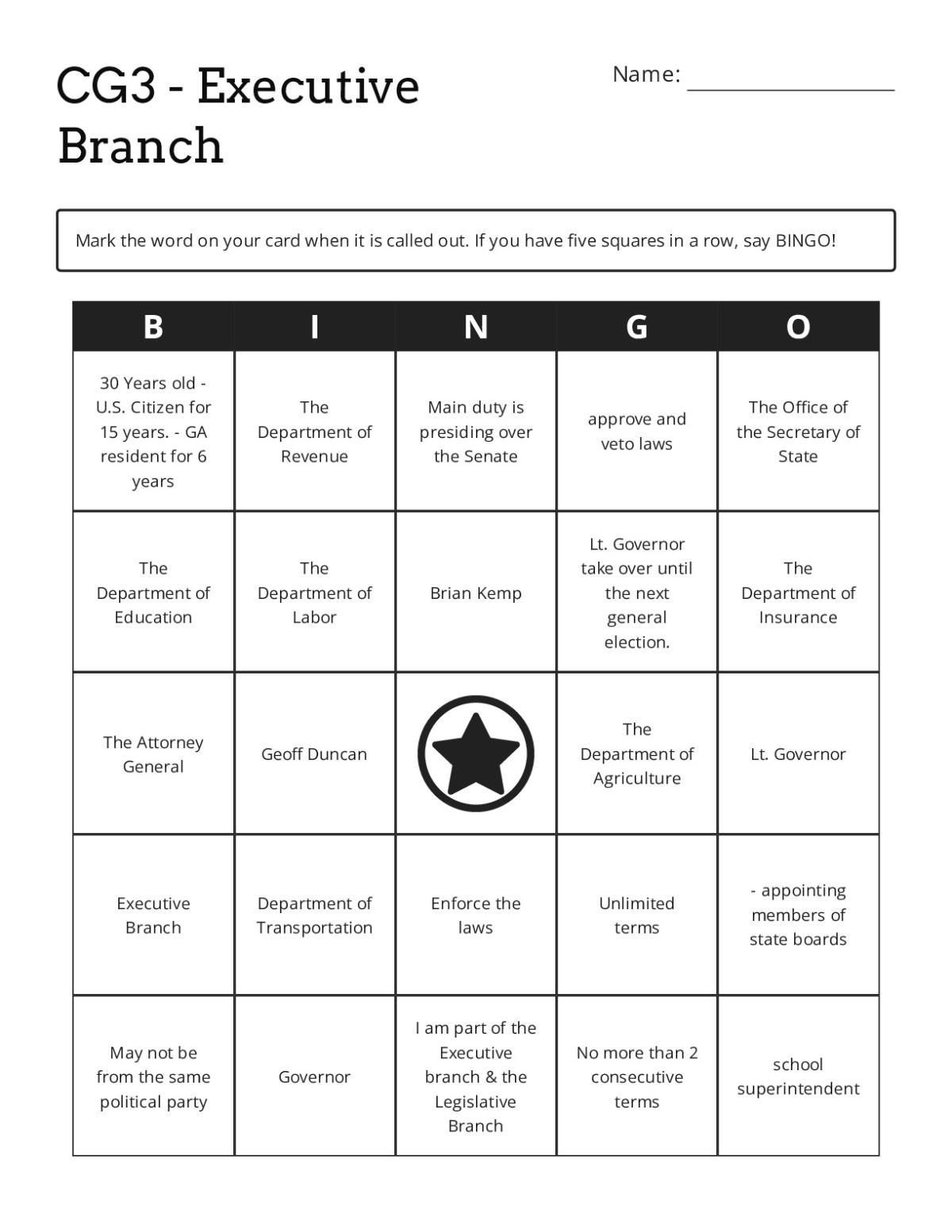 Executive Branch bingo cards with Georgia government terms, Governor, and state departments.