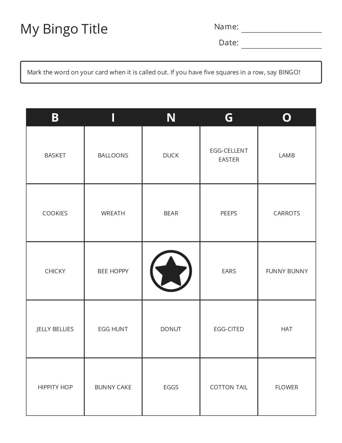 Easter bingo cards with holiday vocabulary including eggs, bunnies, baskets, and spring flowers.