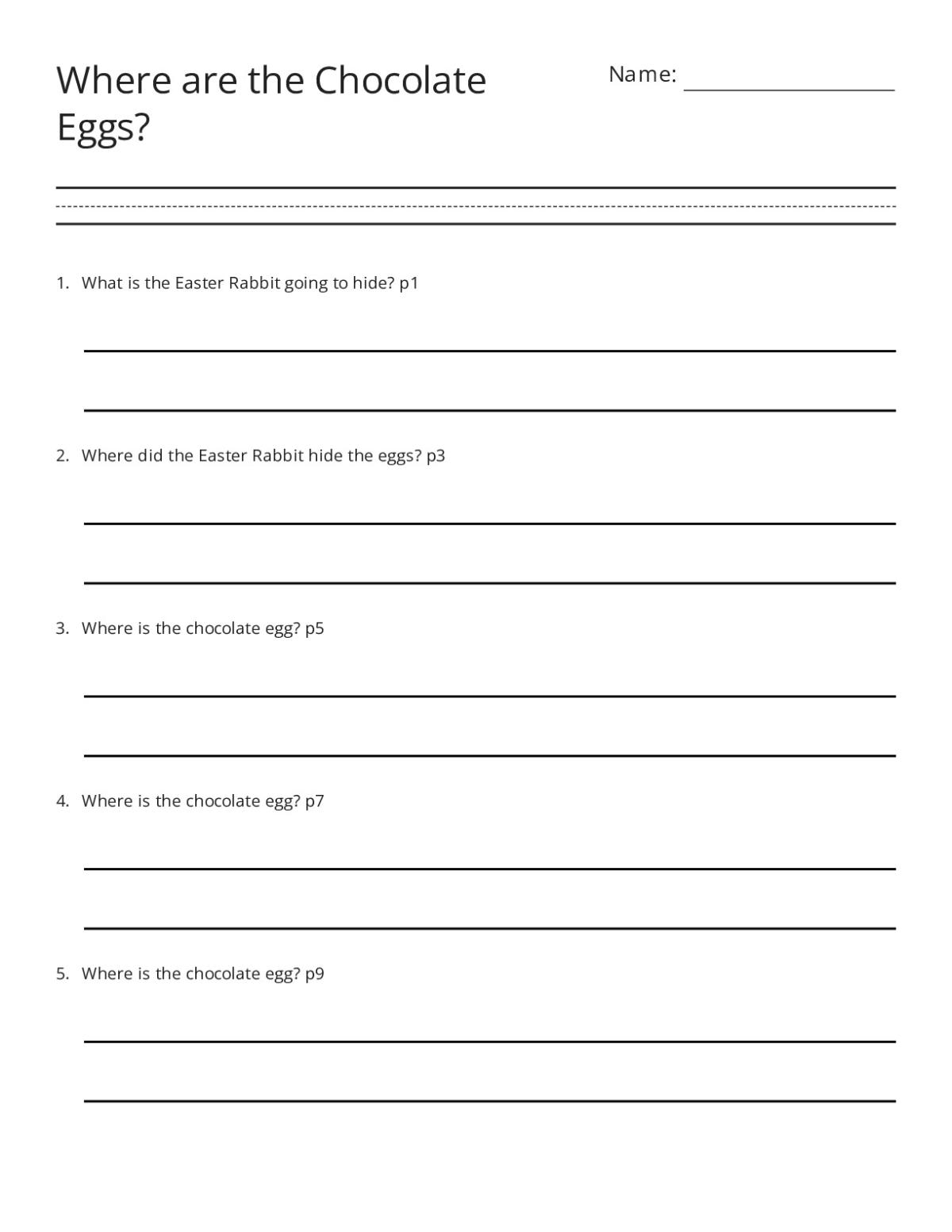 Easter-themed reading worksheet for 3rd grade featuring questions about an Easter Bunny hiding chocolate eggs.