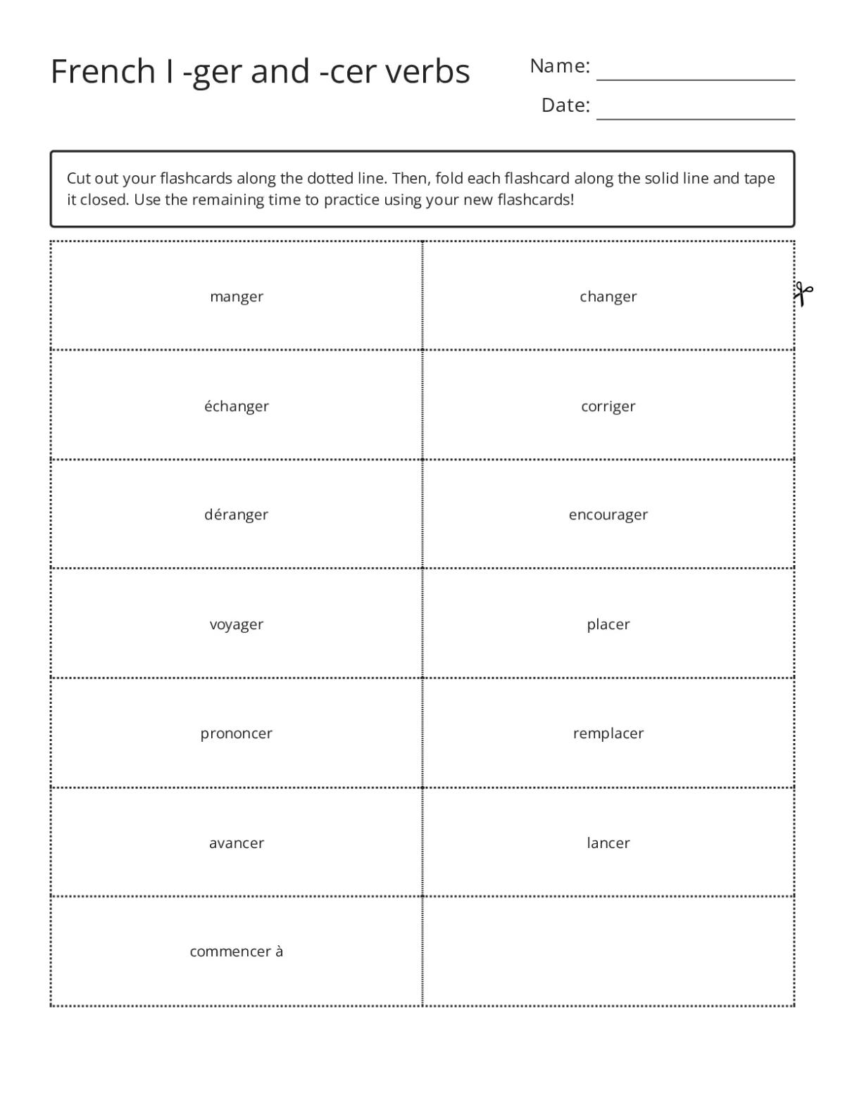 French verb flashcards for -ger and -cer verbs including manger, commencer, and prononcer.