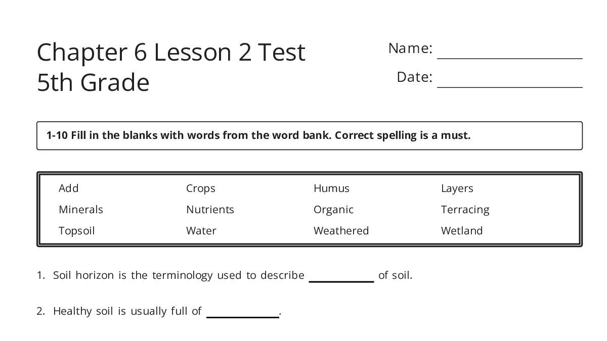 Chapter 6 Lesson 2 Test 5th Grade - My Worksheet Maker: Create Your Own ...