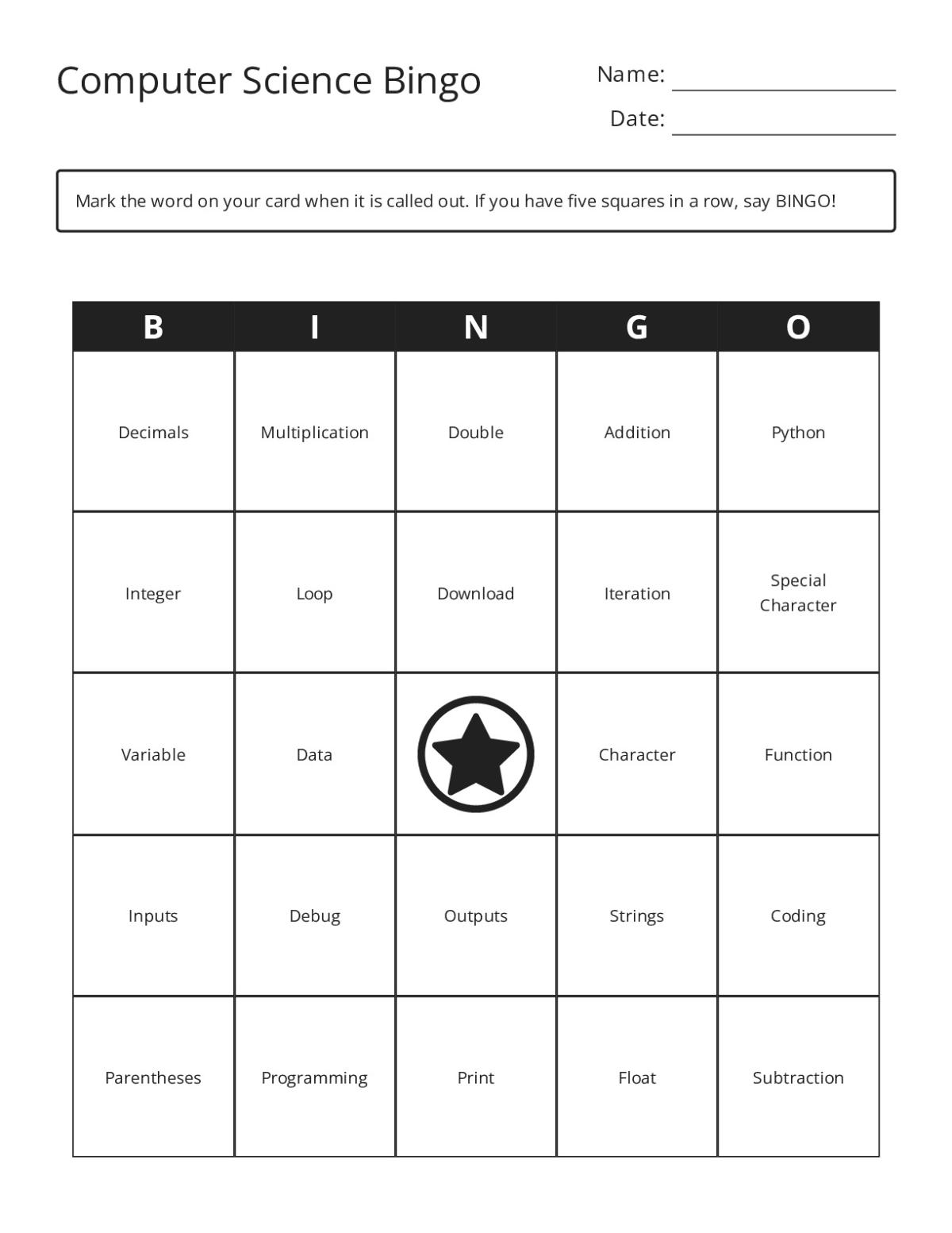 Computer science bingo cards with coding terms including Python, variables, loops, and functions.