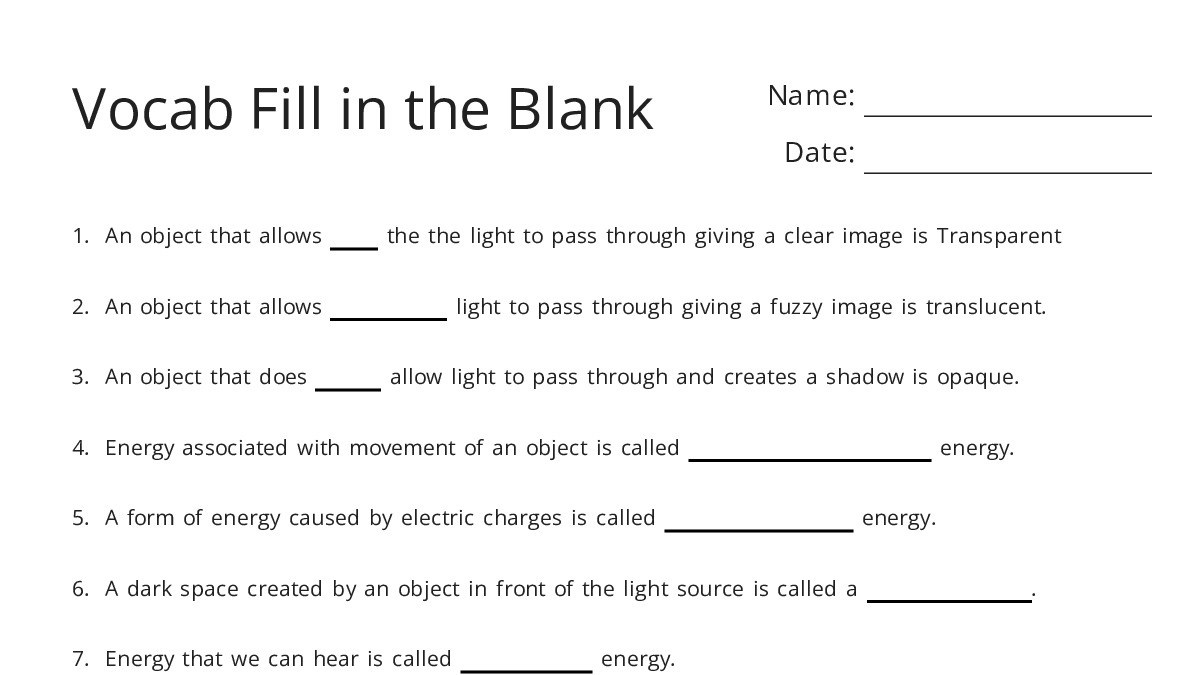 Vocab Fill in the Blank - My Worksheet Maker: Create Your Own Worksheets