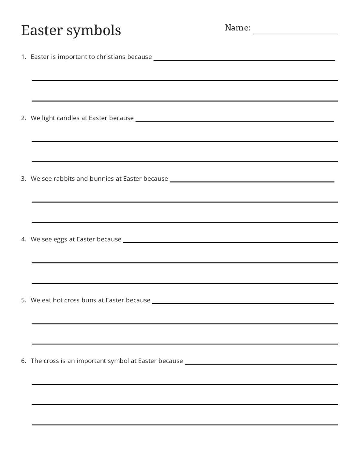 Printable 3rd grade Easter worksheet with six questions about Easter symbols like eggs, candles, rabbits, and the cross.