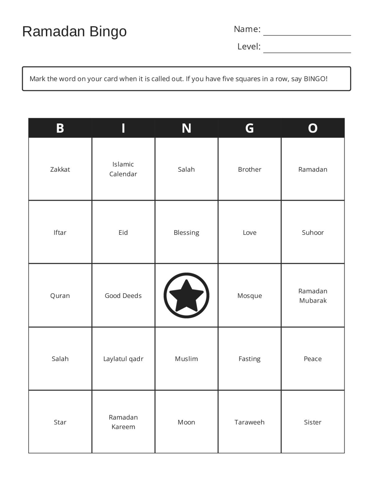 Ramadan bingo cards featuring Islamic vocabulary, Quran, mosque, Eid, and fasting.