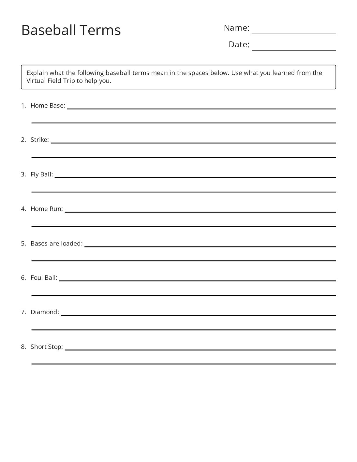 Printable baseball vocabulary worksheet for Grades 6 through 8 with eight baseball terms to define including home base and home run.