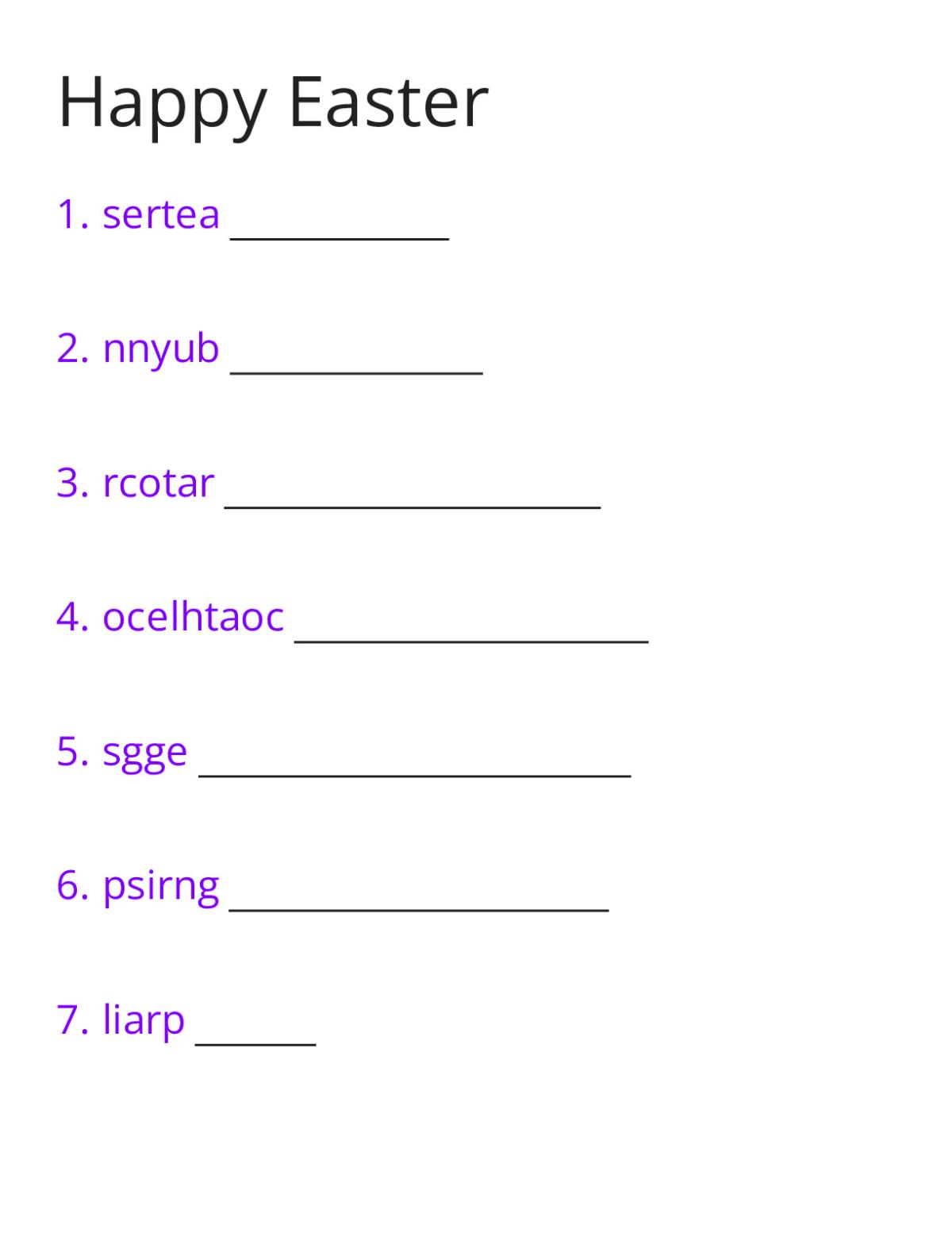 Printable Easter word scramble with seven spring-themed words like bunny, eggs, and carrot for 3rd graders.
