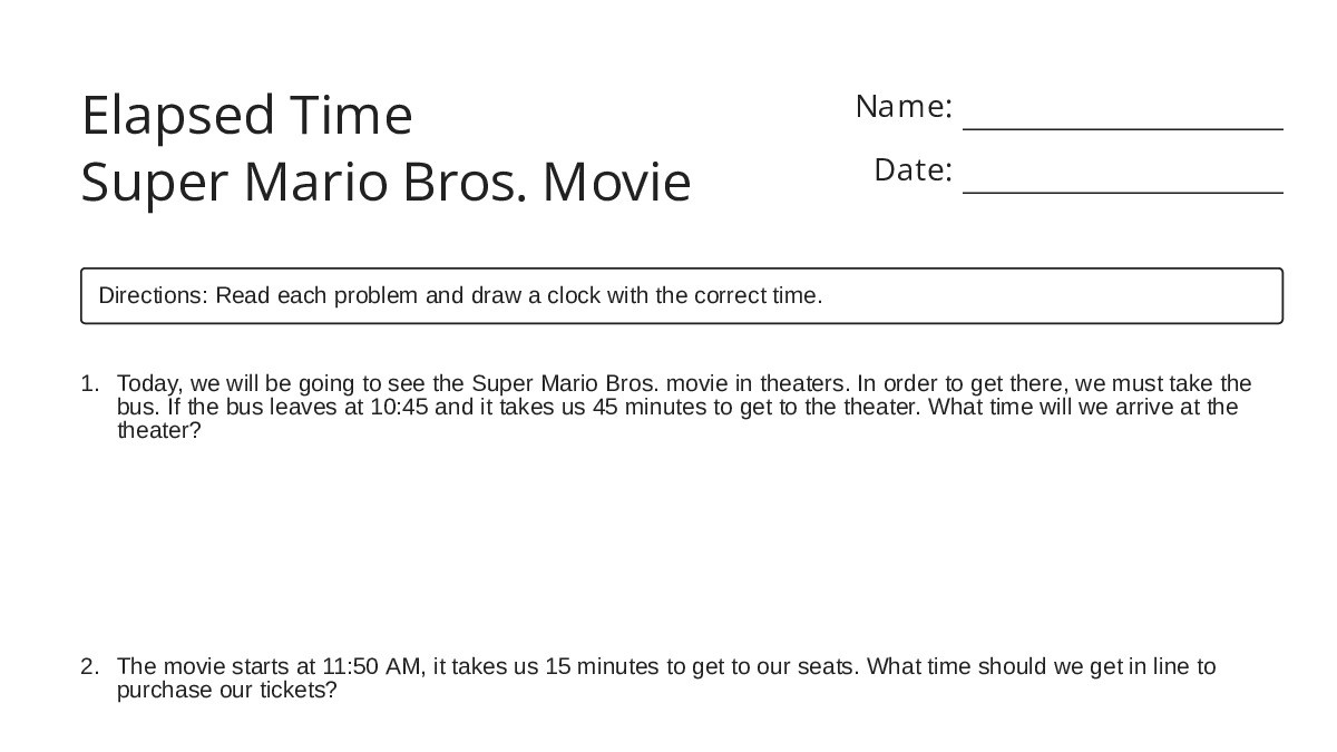 Mario Timesheet Elapsed Time Super Mario Bros. Movie - My Worksheet Maker: Create Your ...
