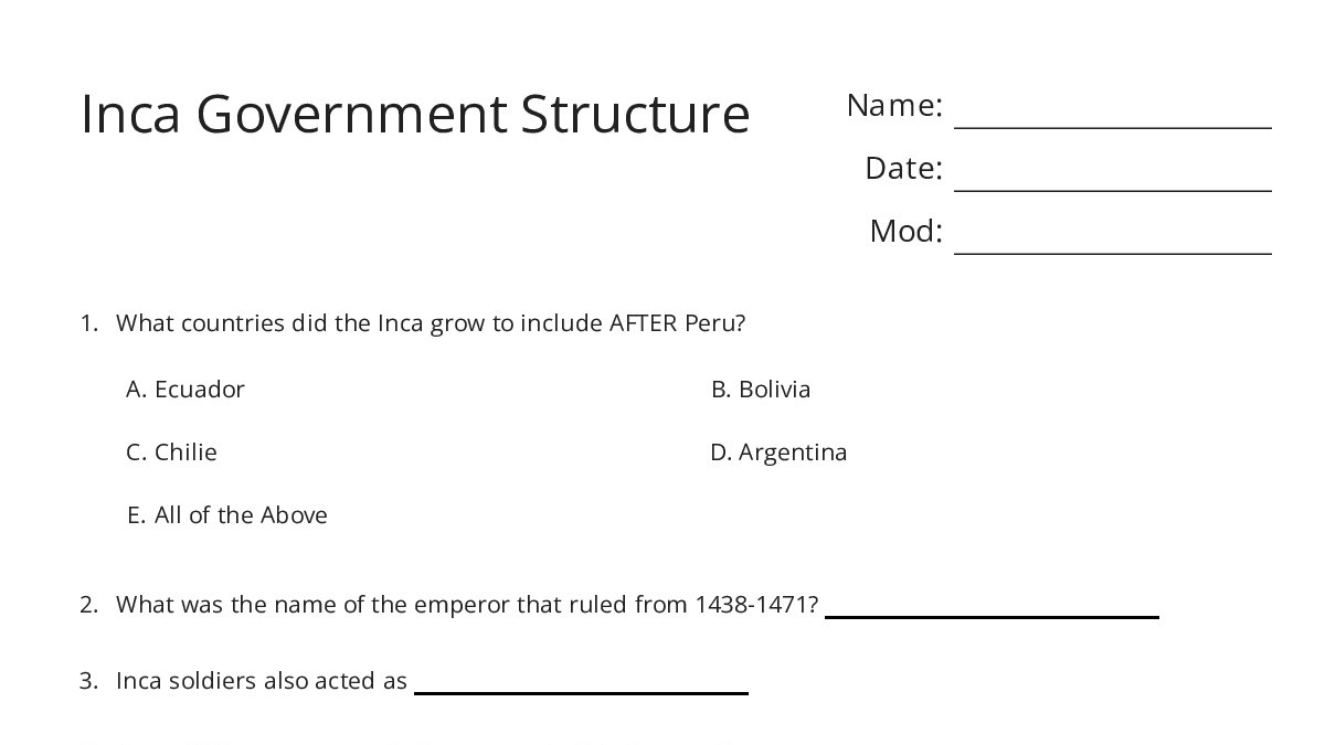 Inca Government Structure - My Worksheet Maker: Create Your Own Worksheets