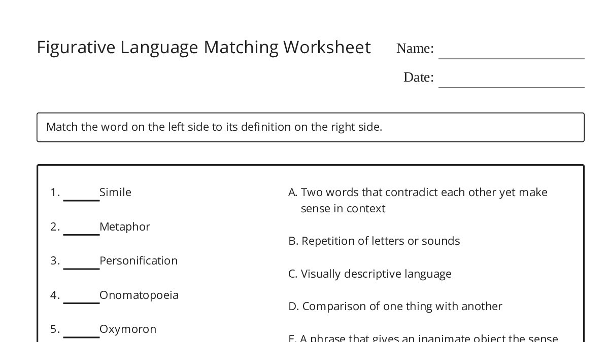 Figurative Language Matching Worksheet - My Worksheet Maker: Create ...