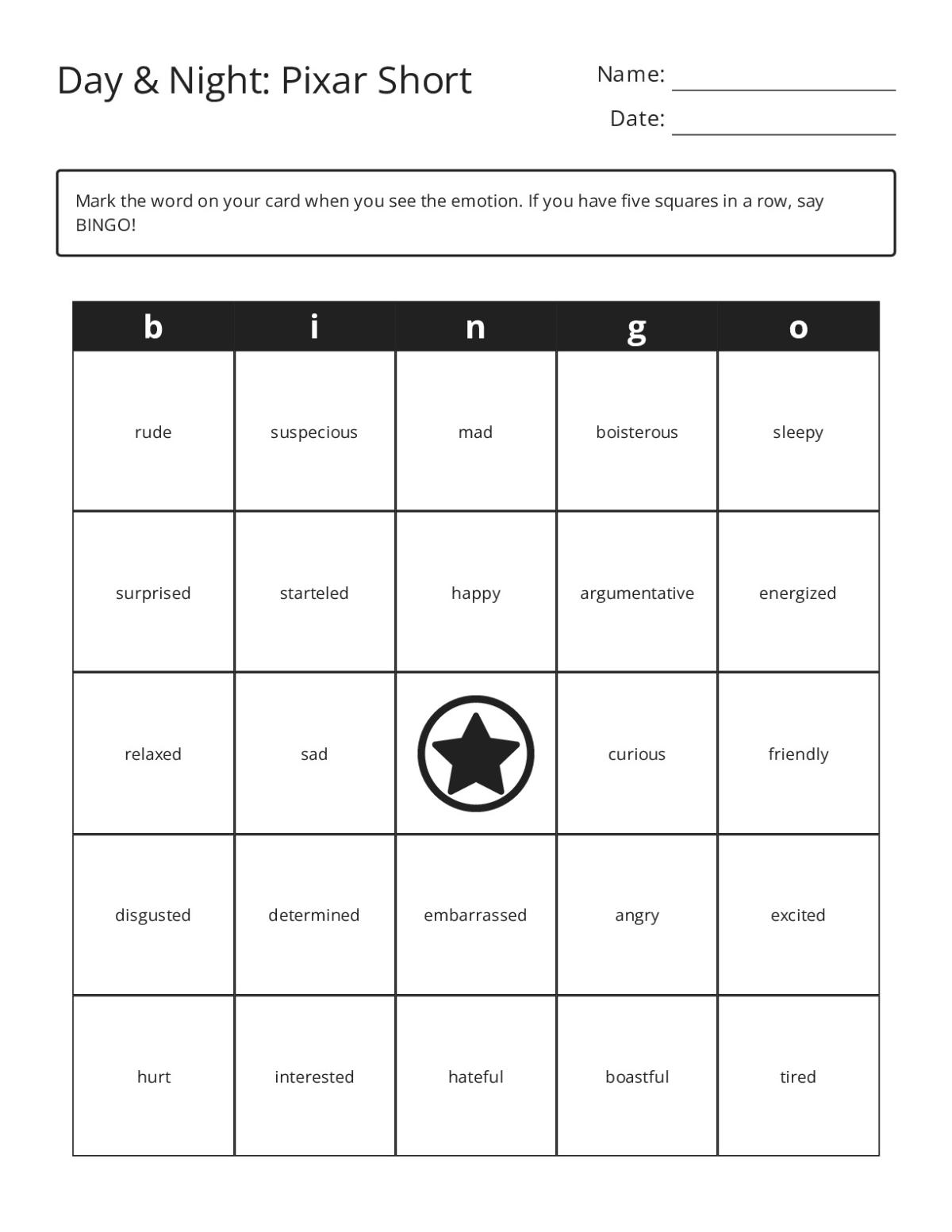 Bingo cards with emotion and feeling words including excited, embarrassed, angry, and determined.