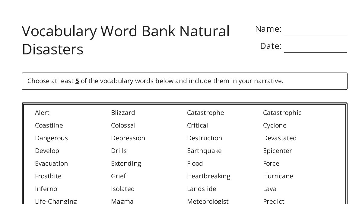 Vocabulary Word Bank Natural Disasters - My Worksheet Maker: Create ...