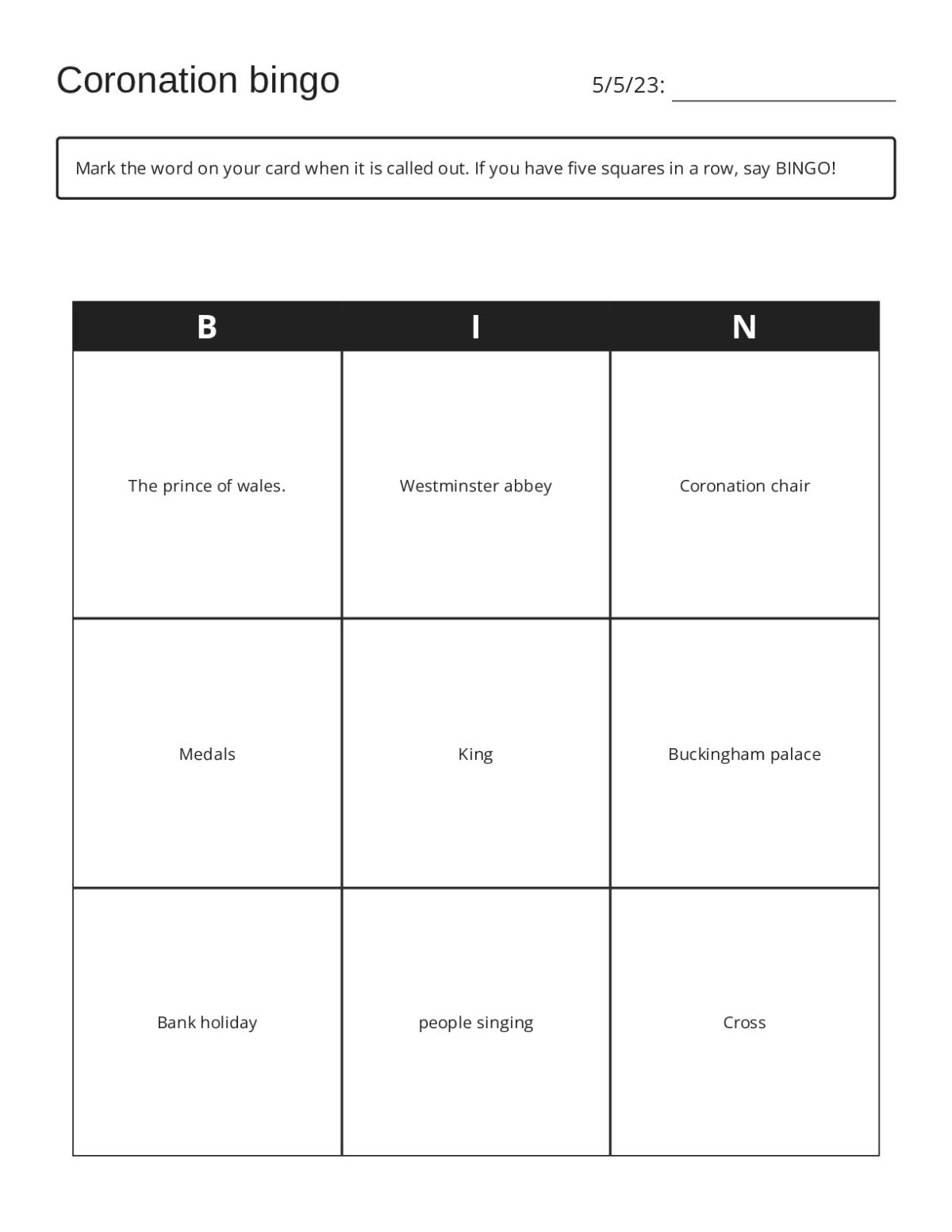 Coronation bingo cards with King Charles, Westminster Abbey, and British royal vocabulary.