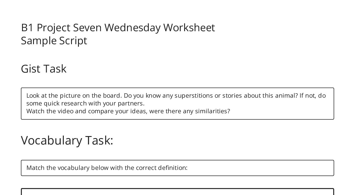 Wednesday Script Pdf B1 Project Seven Wednesday Worksheet Sample Script - My Worksheet Maker ...