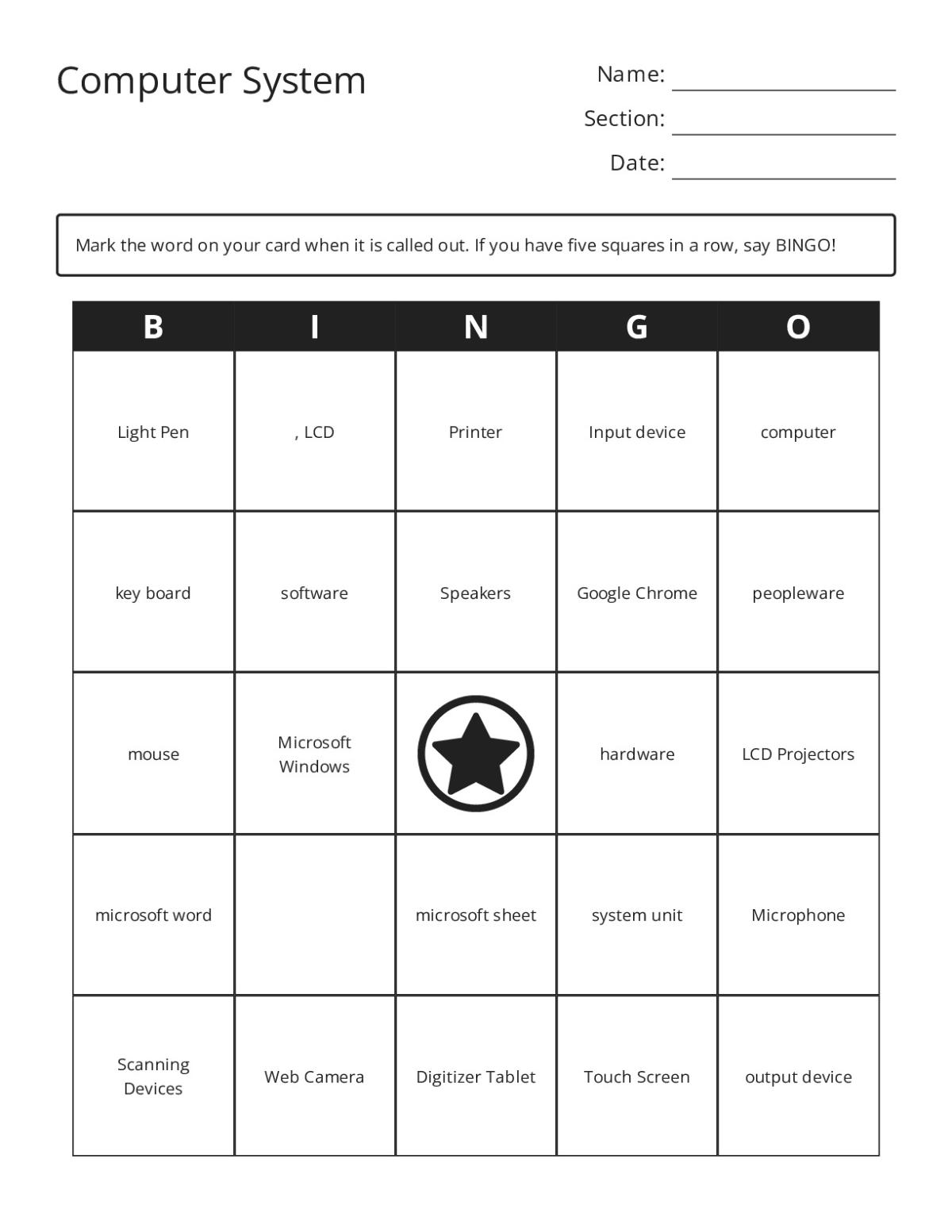 Computer system bingo cards with hardware, software, input and output devices.