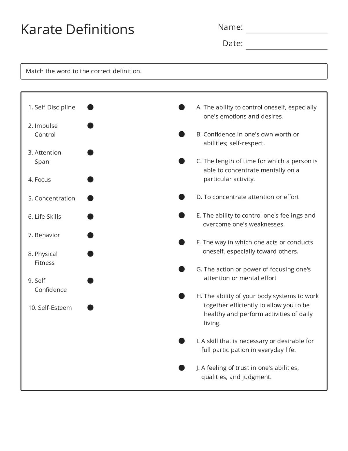 Printable 2nd grade matching worksheet showing karate vocabulary terms like self-discipline, impulse control, and physical fitness with definitions to match.
