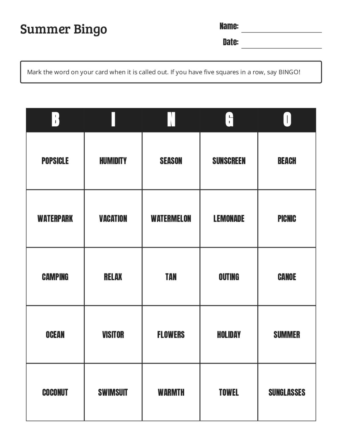 Summer bingo cards with vocabulary including beach, watermelon, camping, and sunscreen.