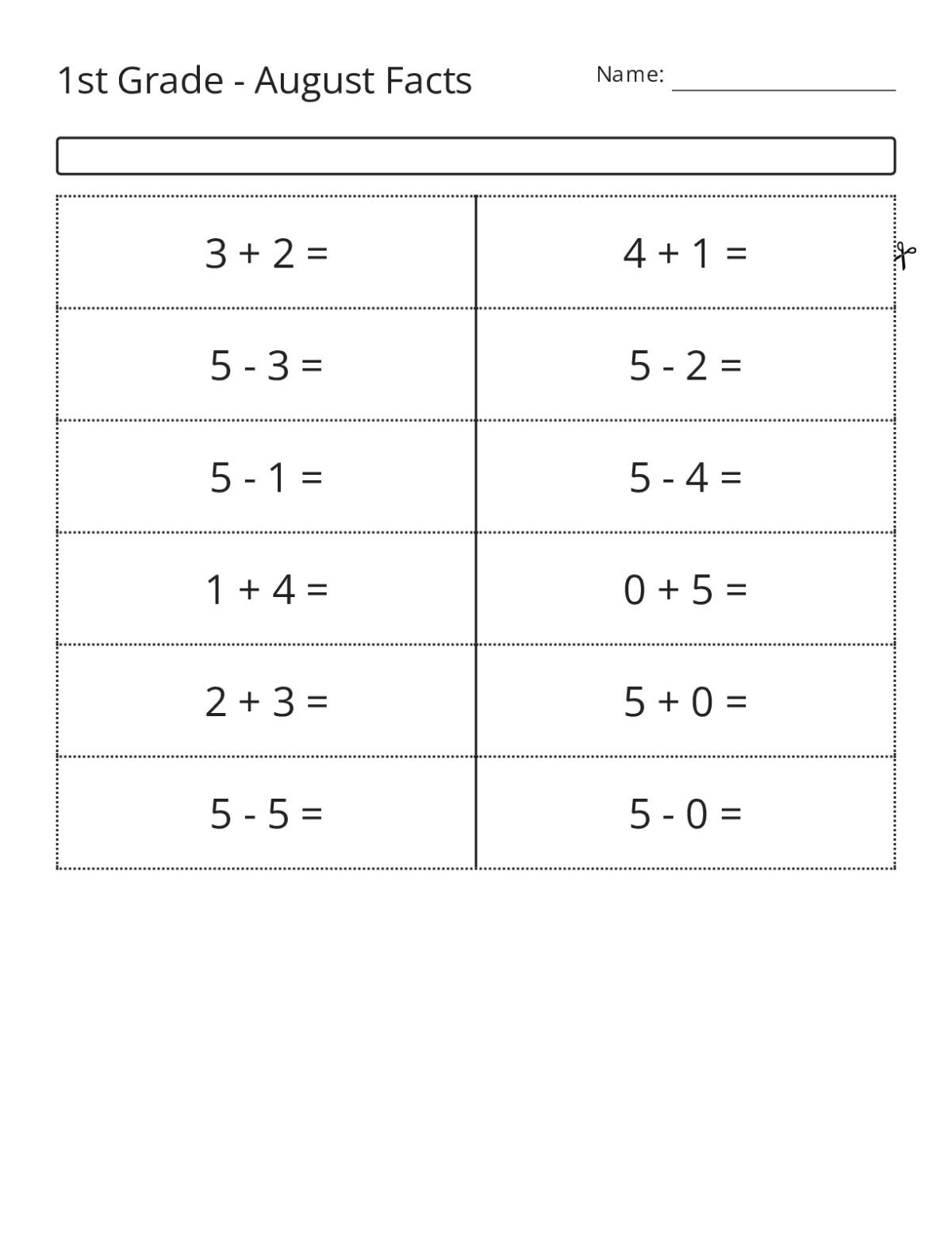 Addition and subtraction flashcards with problems within 5 for Grade 1.