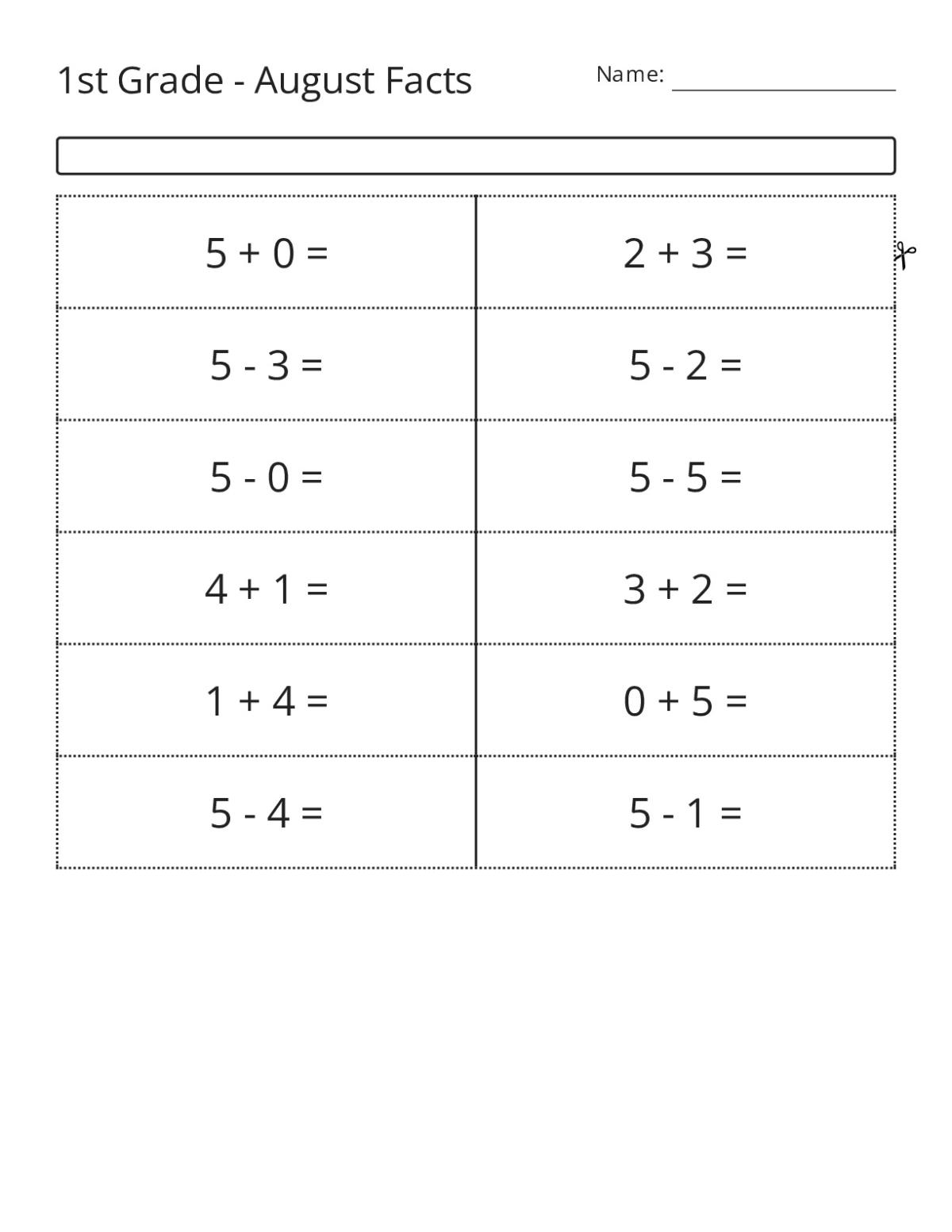 Addition and subtraction flashcards for Grade 1 with number facts within 5.