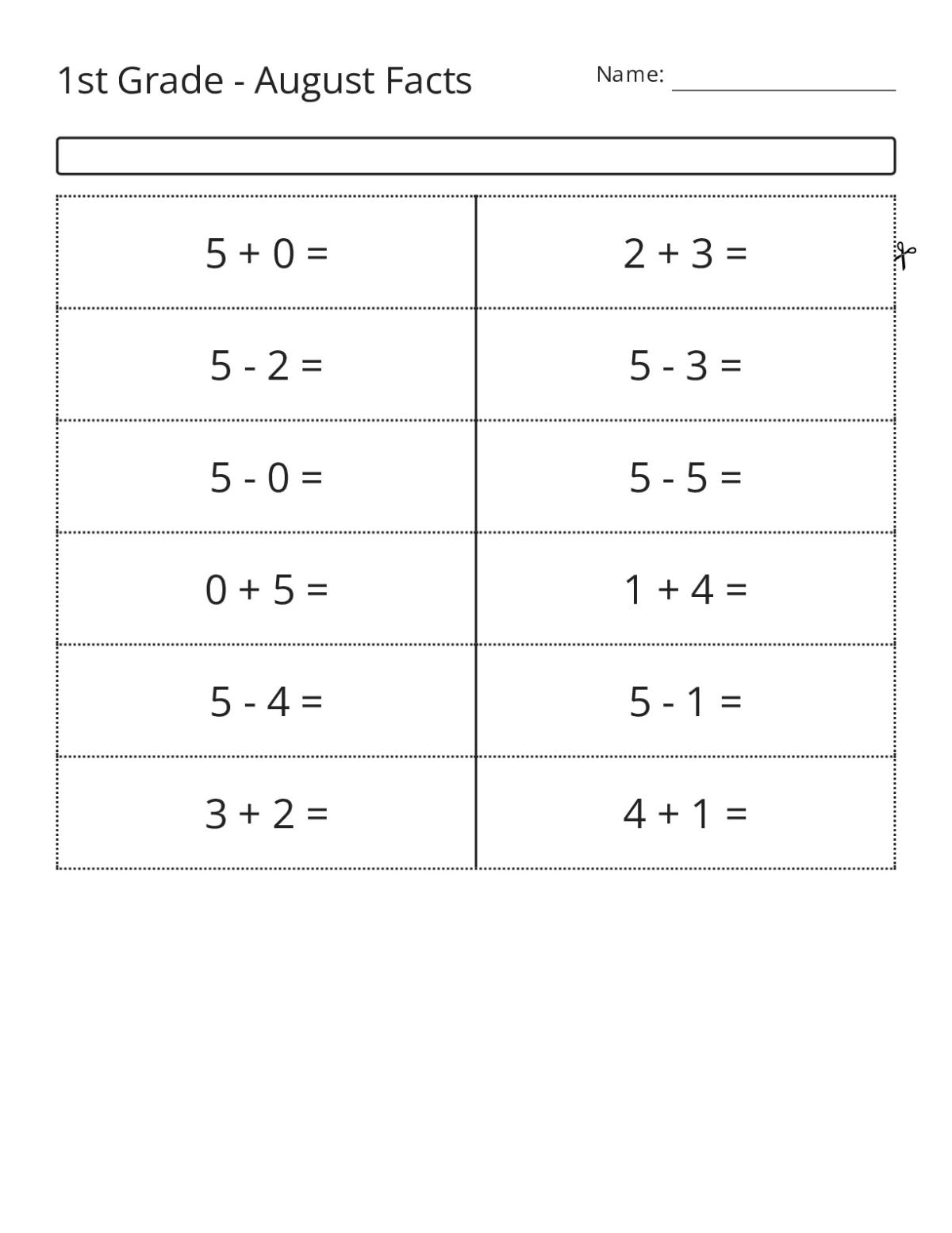 Addition and subtraction flashcards for Grade 1 with single-digit math facts.