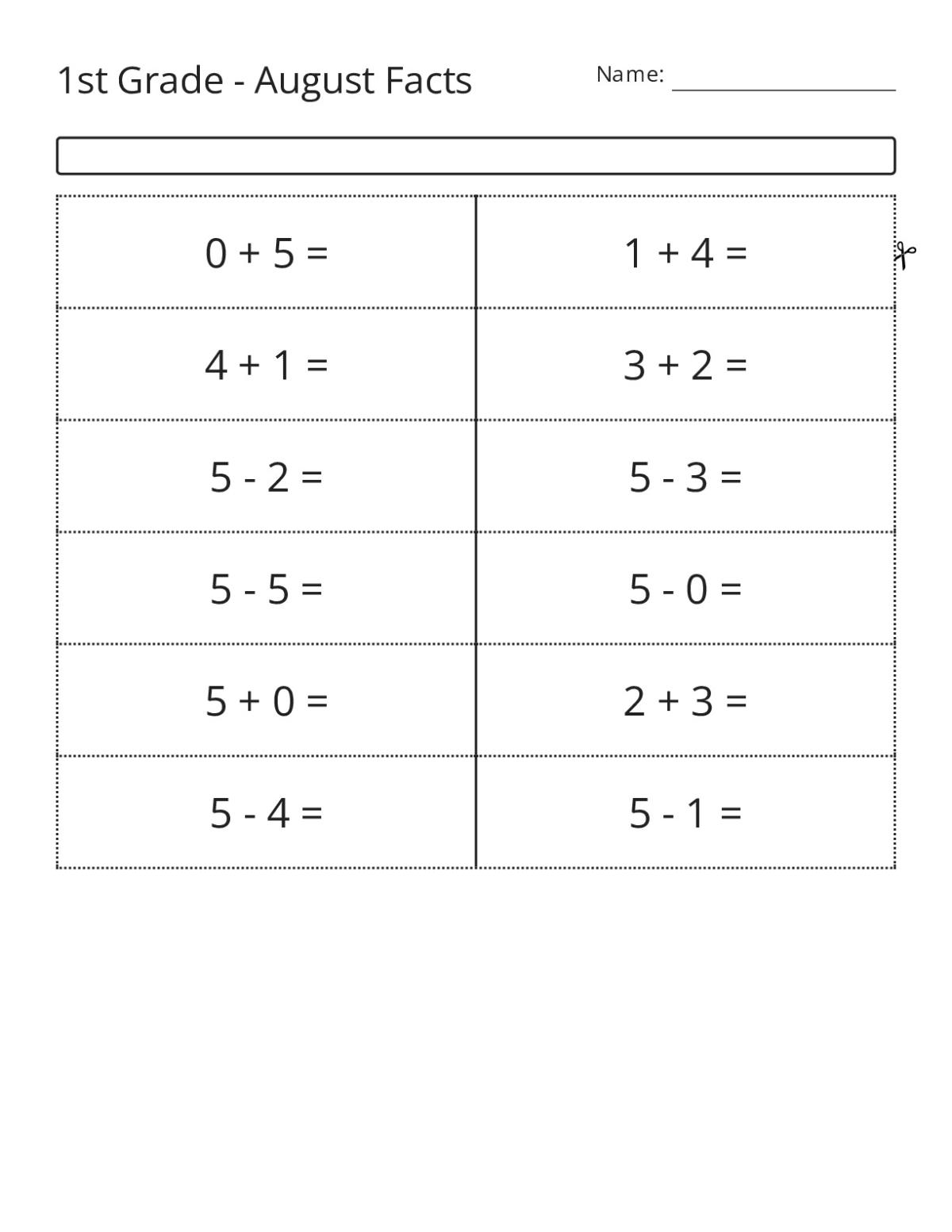 Addition and subtraction flashcards with the number 5 for 1st Grade math.