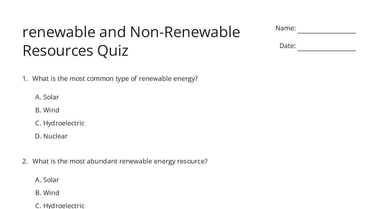 renewable and Non-Renewable Resources Quiz - My Worksheet Maker: Create ...