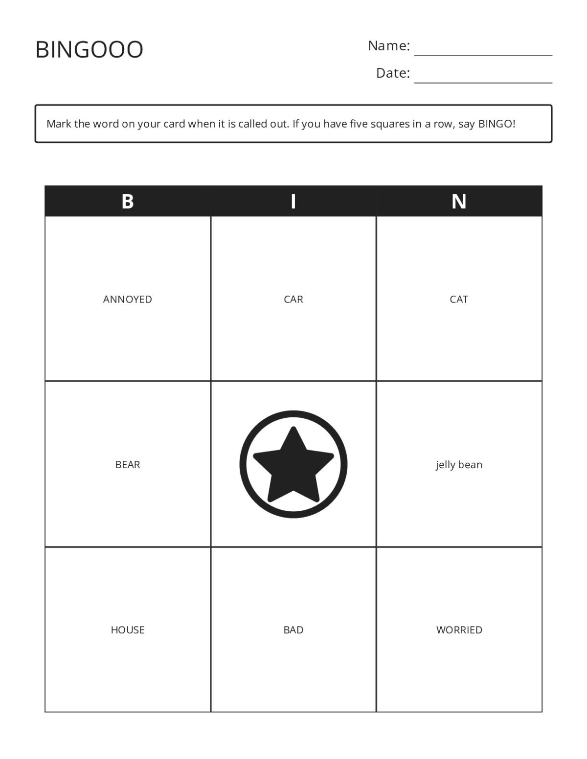 Bingo cards with emotion words happy, worried, annoyed and objects like cat, bear, house.