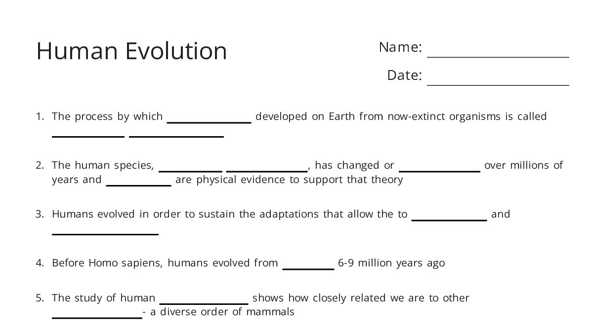 Human Evolution - My Worksheet Maker: Create Your Own Worksheets