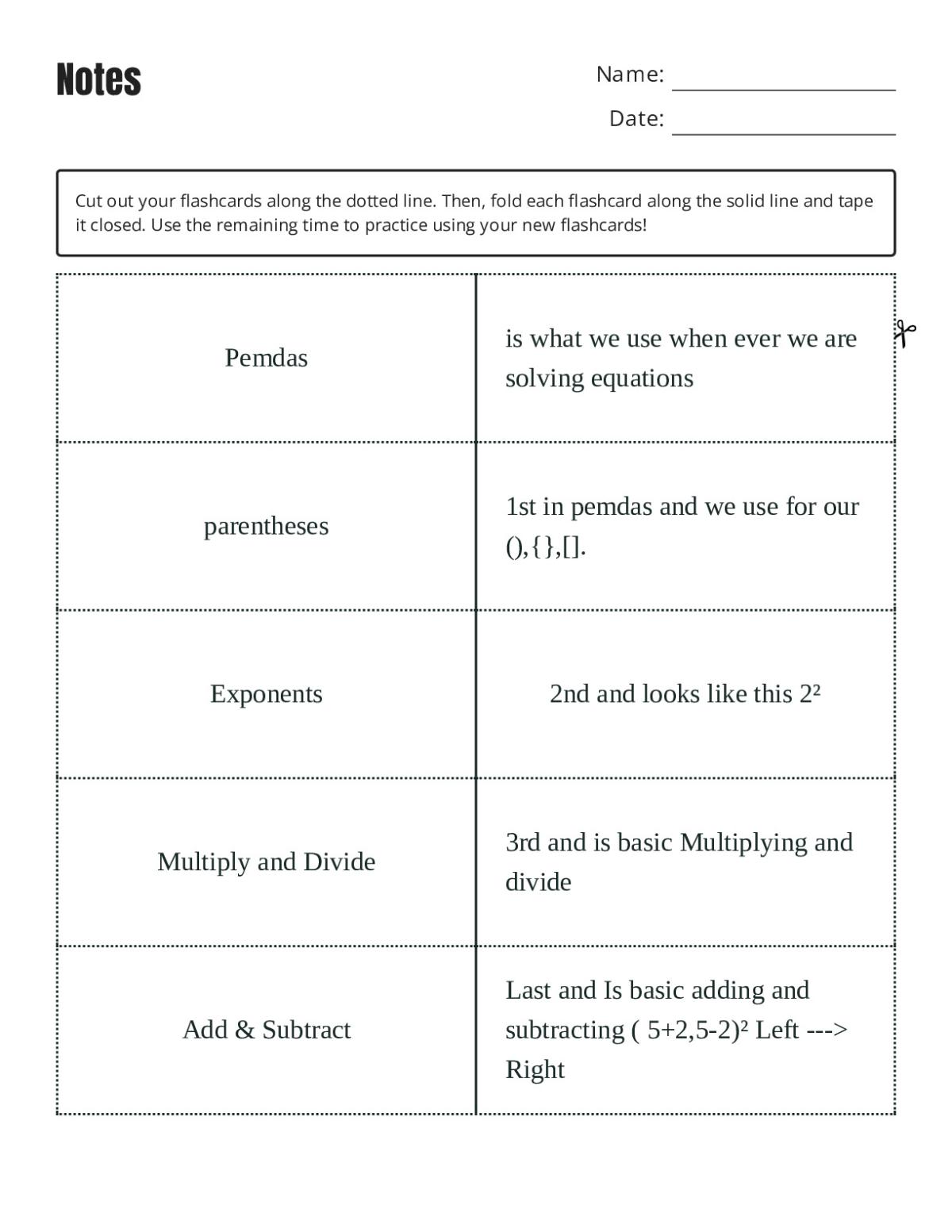 Order of operations flashcards with PEMDAS, parentheses, and exponents for Grade 4 math.