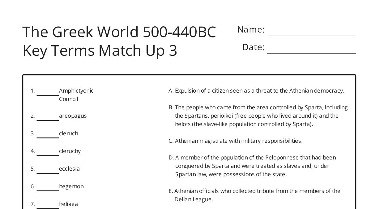 The Greek World 500-440BC Key Terms Match Up 3 - My Worksheet Maker ...