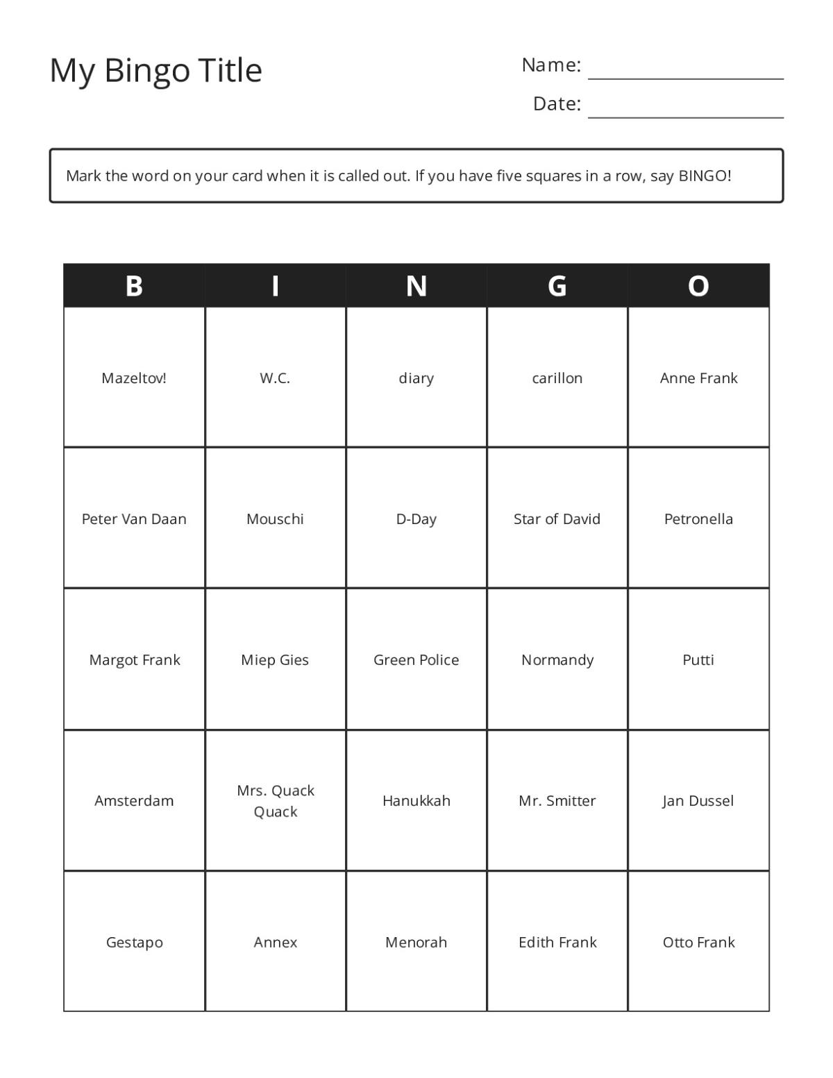 Bingo cards for The Diary of a Young Girl with Anne Frank, historical terms, and literary vocabulary.