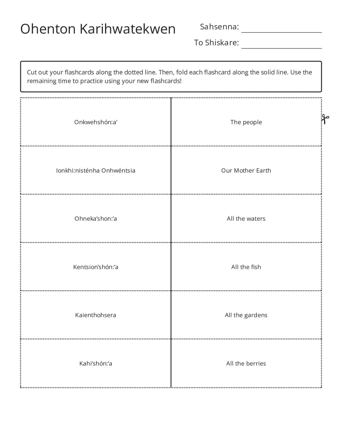 Mohawk language flashcards with Ohenton Karihwatekwen phrases for Grades 6–8.