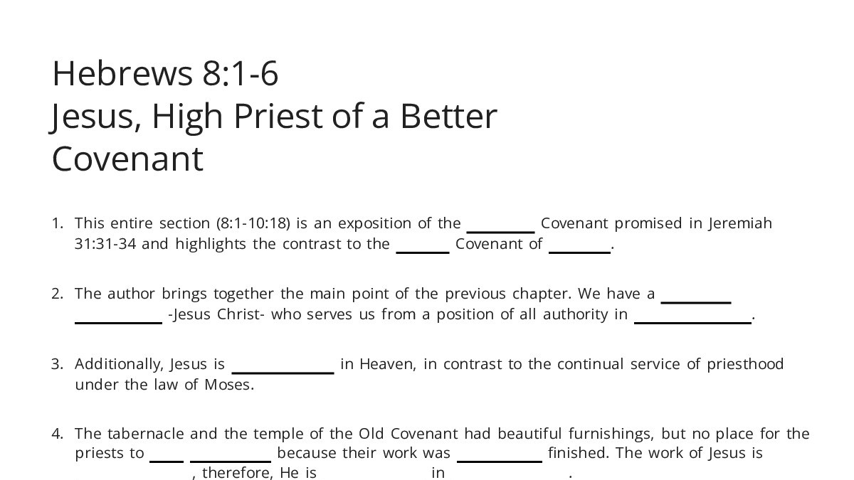 Hebrews 8:1-6 Jesus, High Priest of a Better Covenant - My Worksheet ...