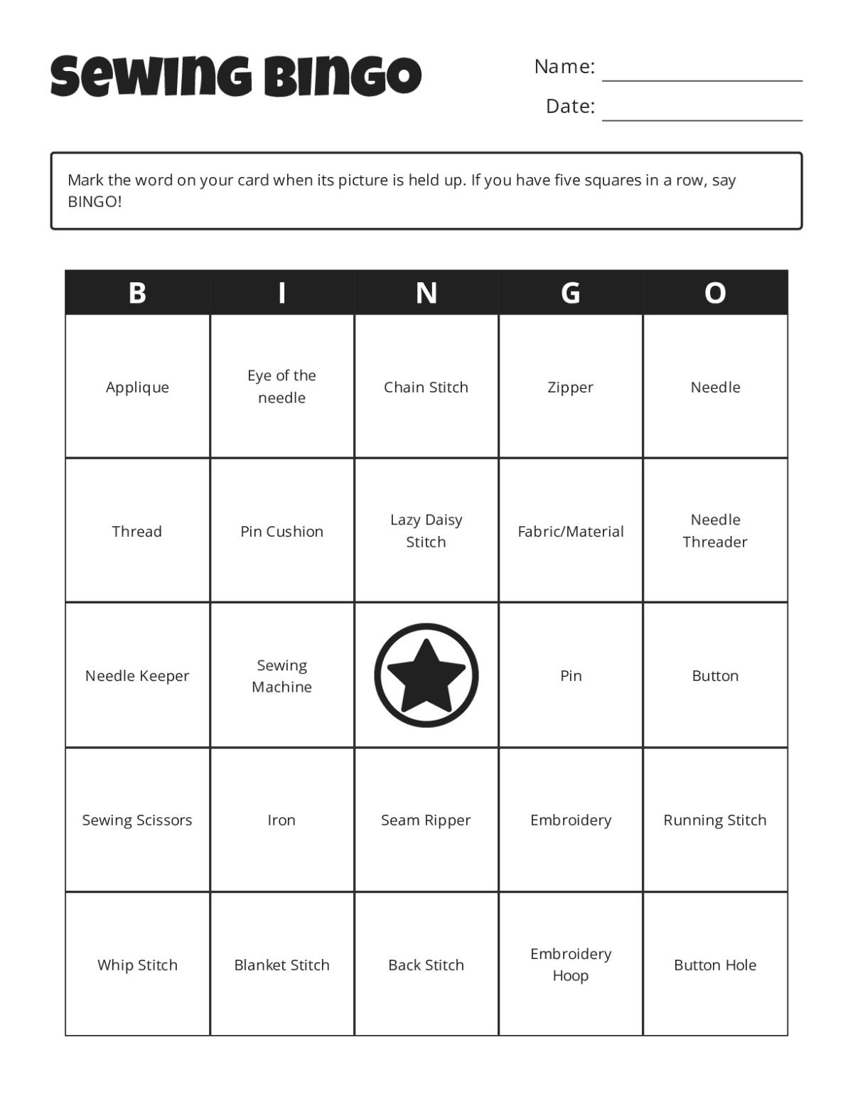 Sewing bingo cards with tools and stitching techniques including needle, thread, and embroidery.