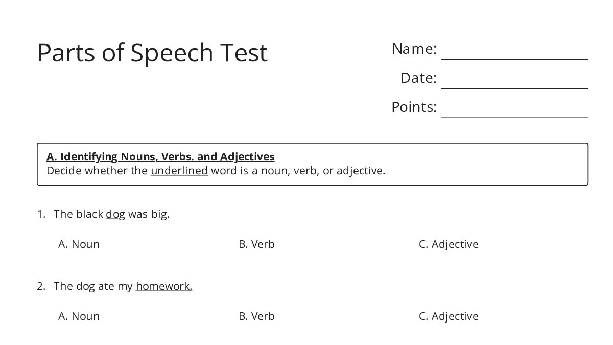 Parts of Speech Test - My Worksheet Maker: Create Your Own Worksheets