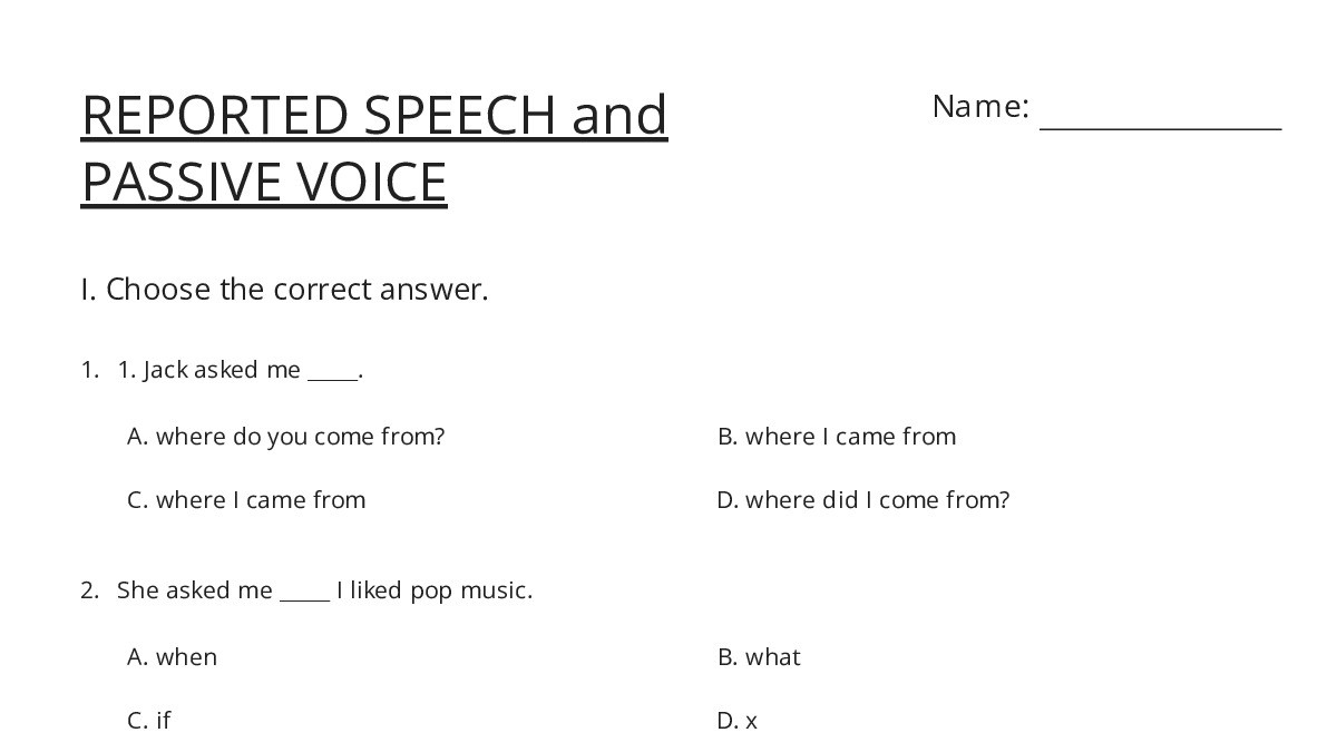 REPORTED SPEECH and PASSIVE VOICE - My Worksheet Maker: Create Your Own ...