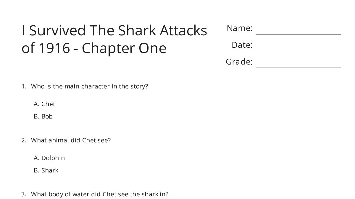 I Survived The Shark Attacks of 1916 - Chapter One - My Worksheet Maker ...