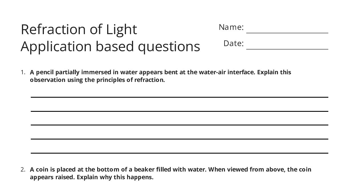 Refraction of Light Application based questions - My Worksheet Maker ...