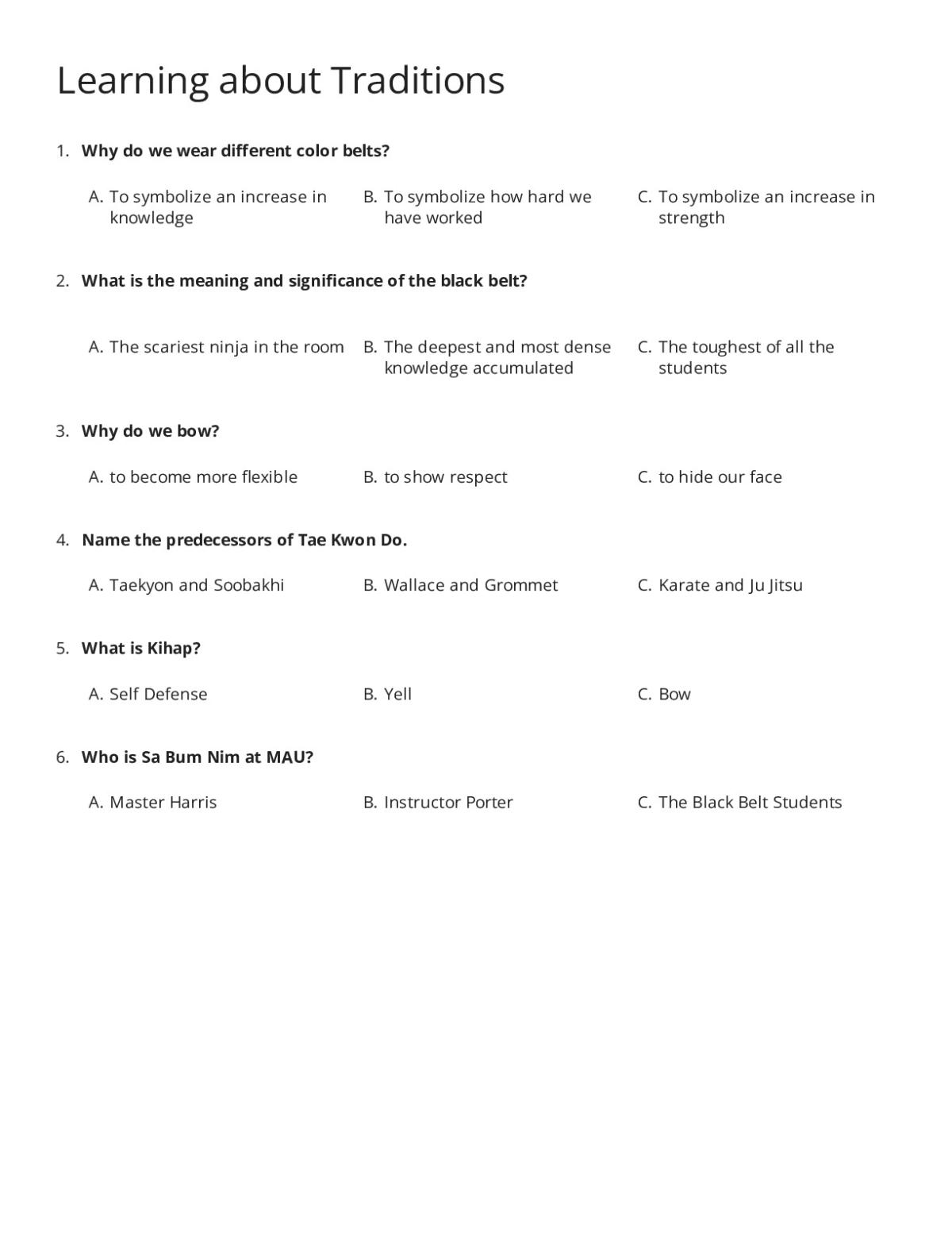 Printable 2nd grade Tae Kwon Do worksheet with multiple-choice questions and word scramble of the five tenets: Courtesy, Integrity, Perseverance, Self-Control, and Indomitable Spirit.