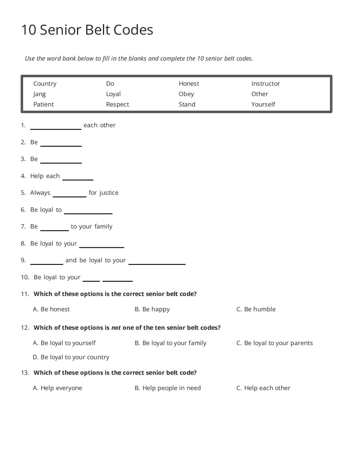 2nd grade taekwondo worksheet with fill-in-the-blank and multiple-choice questions on the 10 senior belt codes covering respect, honesty, loyalty, and justice.