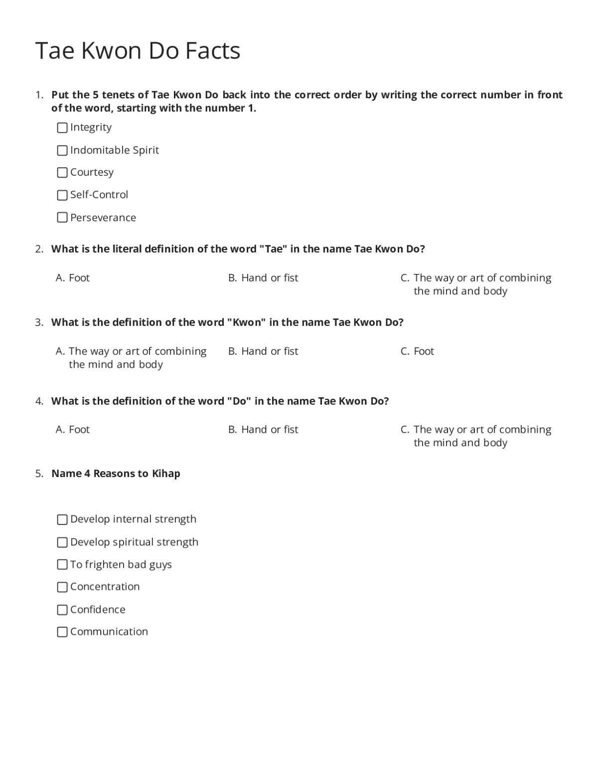 Printable 2nd grade worksheet about Tae Kwon Do with questions about tenets, Korean terminology, and kihap shouts.