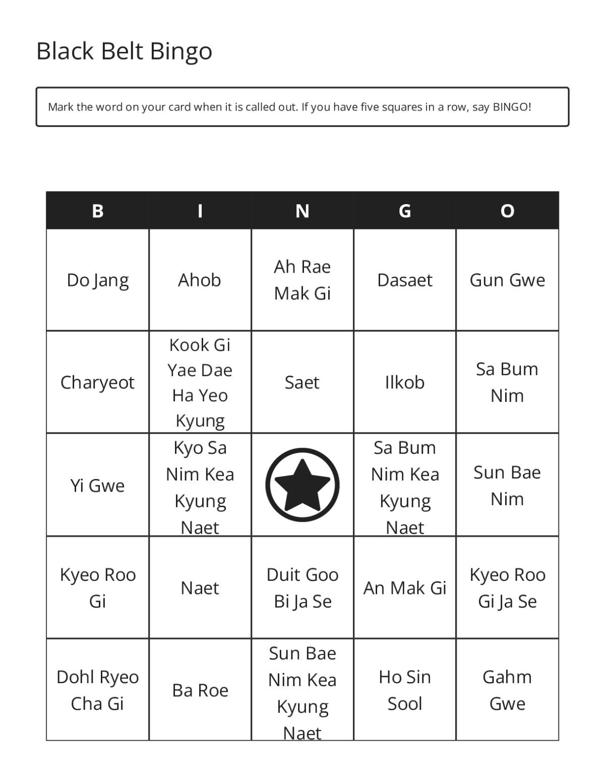 Black Belt bingo cards with taekwondo terminology and Korean martial arts vocabulary.